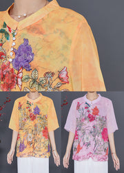 Boutique Yellow Print Chiffon Fake Two Piece Shirt Tops Summer