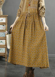 Boutique Yellow Print Drawstring Patchwork Cotton Dress Long Sleeve