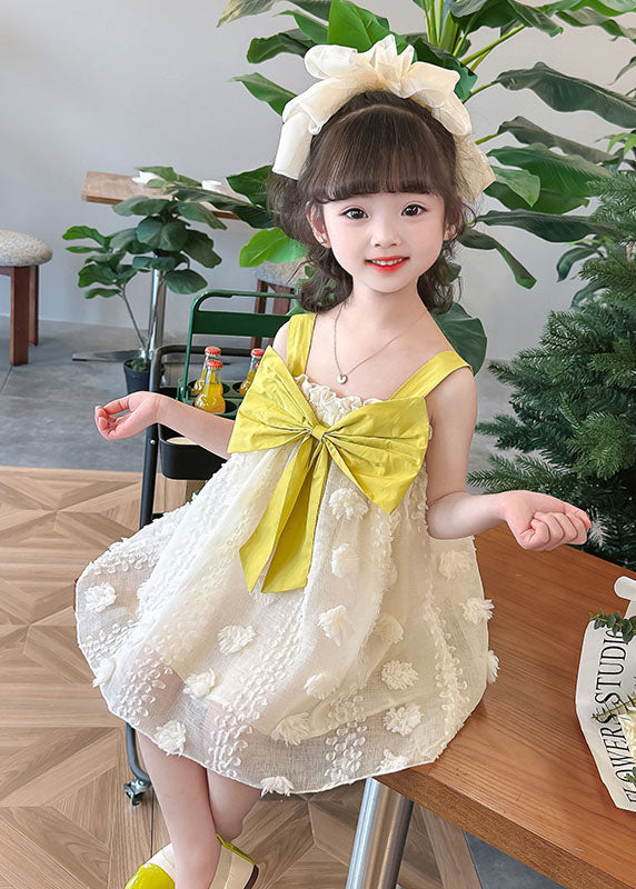 Boutique Yellow Ruffled Bow Patchwork Tulle Kids Girls Long Dress Summer