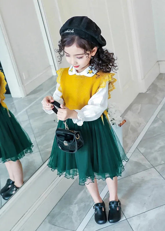 Boutique Yellow Tulle Lace Up Patchwork Knit Baby Girls Dress Two Pieces Set Fall