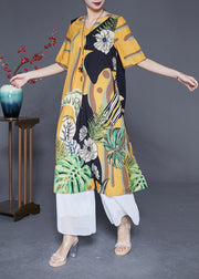 Boutique Yellow V Neck Print Silk Vacation Dress Summer