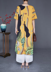 Boutique Yellow V Neck Print Silk Vacation Dress Summer