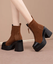 Boutique Zippered Splicing Chunky Heel Boots Brown Suede