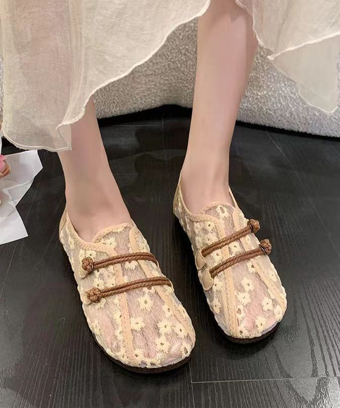 Breathable Mesh Khaki Flat Shoes Embroidery Splicing