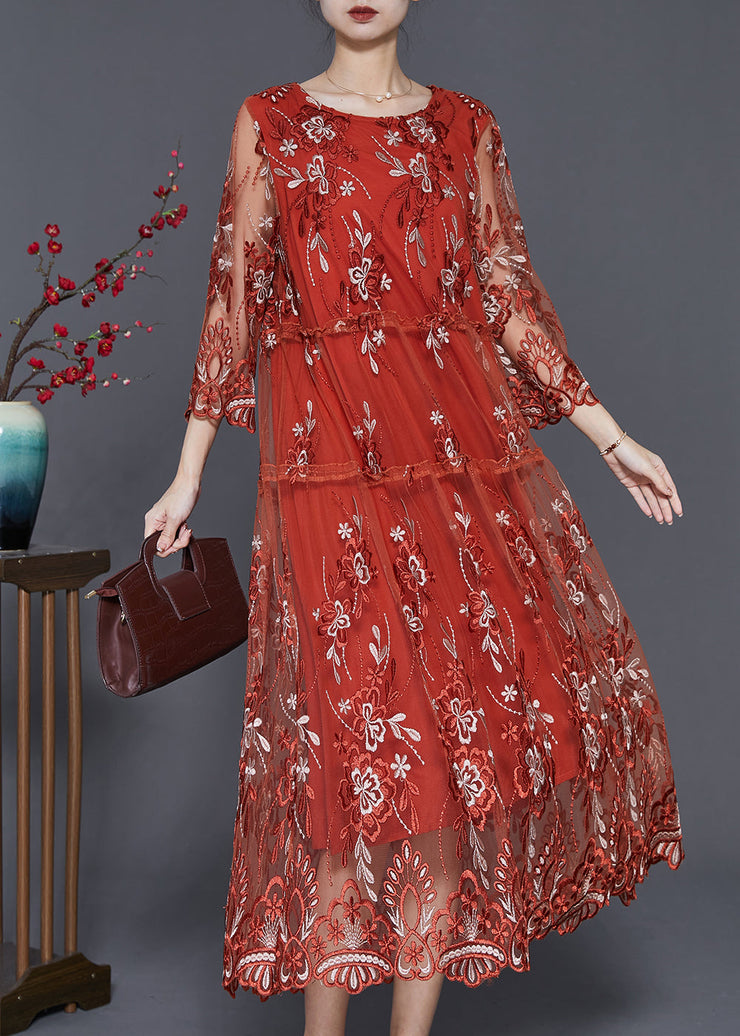 Brick Red Hollow Out Tulle Robe Dresses Embroidered Summer