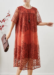 Brick Red Oversized Tulle Long Dresses Embroidered Summer