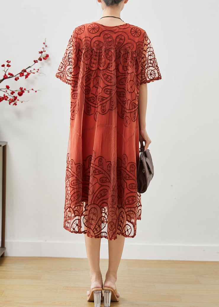 Brick Red Oversized Tulle Long Dresses Embroidered Summer