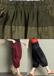 Brick Red Patchwork Pockets Elastic Waist Cotton Crop Pants Summer