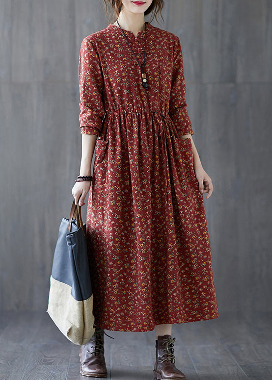 Brick Red Pockets Patchwork Cotton Dresses O Neck Long Sleeve