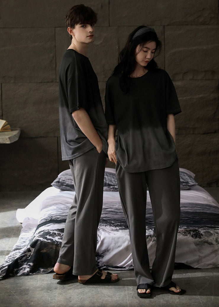 Brief Black O-Neck Ice Silk Couple Pajamas Two Pieces Set Short Sleeve