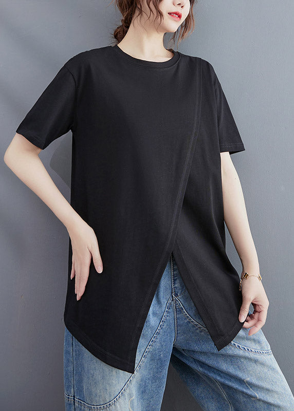 Brief Black O-Neck Open Solid Cotton T Shirt Short Sleeve