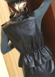 Brief Black Peter Pan Collar Drawstring Button Sheepskin Waistcoat Sleeveless