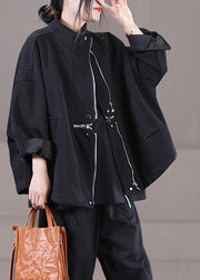 Brief Black Peter Pan Collar Zippered Patchwork Pockets Cotton Coat Long Sleeve