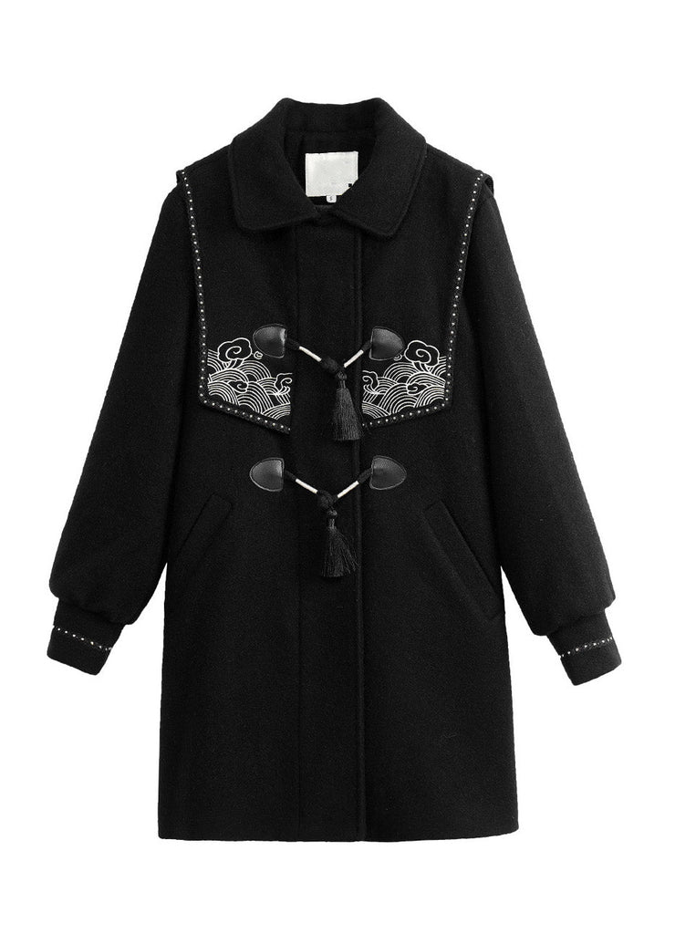 Brief Black Sailor Collar Print Tassel Button Thick Woolen Trench Coat Winter