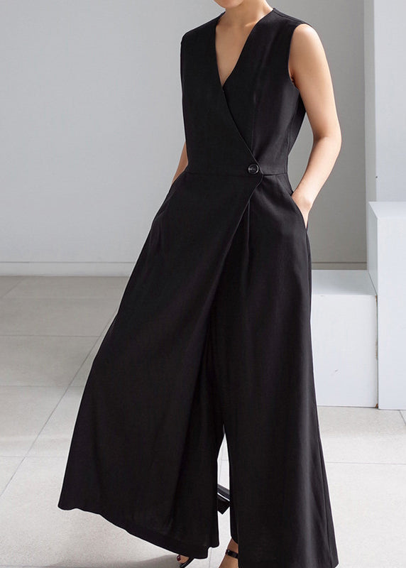 Brief Black V Neck Button Pockets Jumpsuits Summer