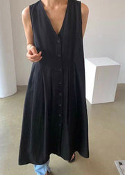 Brief Black V Neck Wrinkled Cotton Maxi Dresses Summer