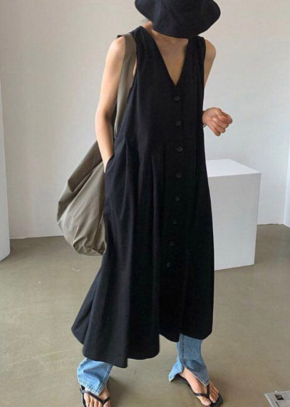 Brief Black V Neck Wrinkled Cotton Maxi Dresses Summer