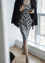 Brief Black White Plaid V Neck Patchwork Slim Maxi Dresses Sleeveless