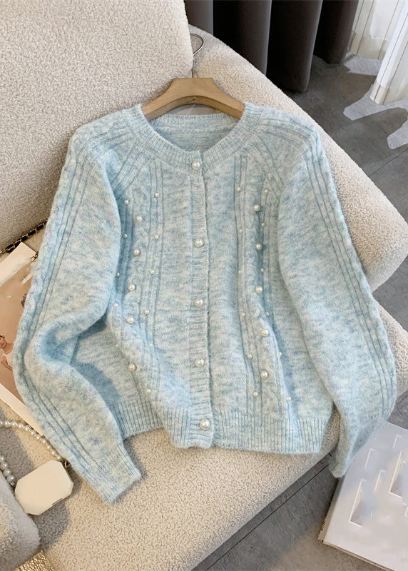 Brief Blue Nail Bead Cotton Knit Cardigans Winter