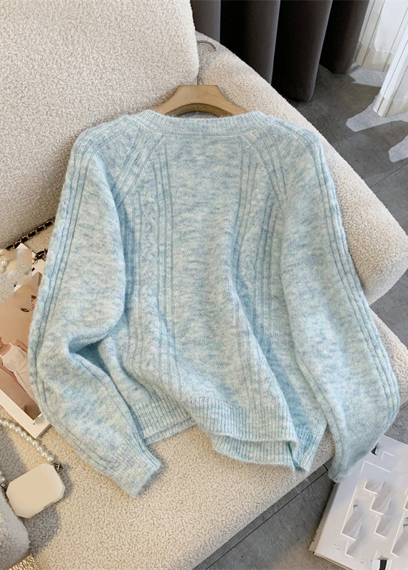 Brief Blue Nail Bead Cotton Knit Cardigans Winter