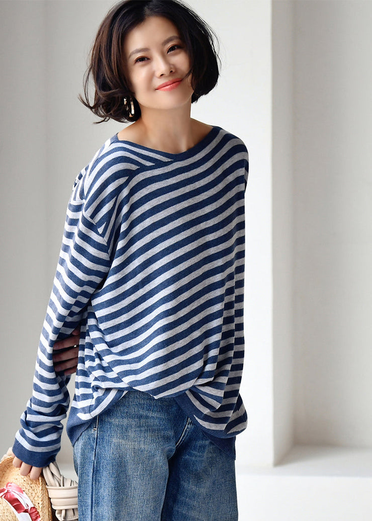 Brief Blue Striped Slash Neck Thick Cotton Knit Sweater Fall