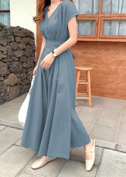 Brief Blue V Neck Tie Waist Button Solid Long Dress Short Sleeve