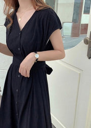 Brief Blue V Neck Tie Waist Button Solid Long Dress Short Sleeve