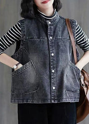 Brief Dark Blue Patchwork Button Denim Waistcoat Sleevele