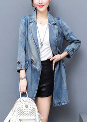 Brief Denim Blue Notched Patchwork Button Cotton Long Coat Spring