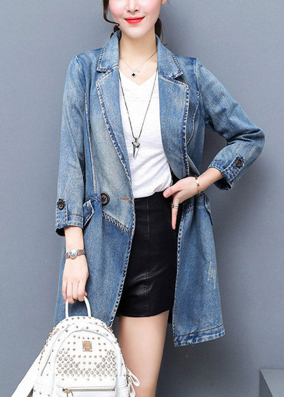 Brief Denim Blue Notched Patchwork Button Cotton Long Coat Spring