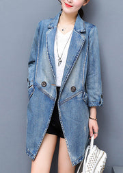 Brief Denim Blue Notched Patchwork Button Cotton Long Coat Spring