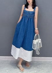 Brief Denim Blue Slash Neck Patchwork Cinched Button Maxi Dress Summer