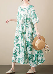 Brief Green O-Neck Patchwork Print Cotton Maxi Dresses Summer