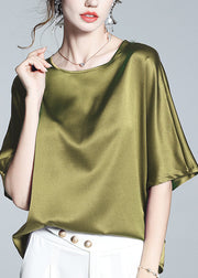 Brief Green O-Neck Solid Silk T Shirt Half Sleeve