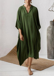 Brief Green V Neck Solid Cozy Kaftan Long Dress Half Sleeve