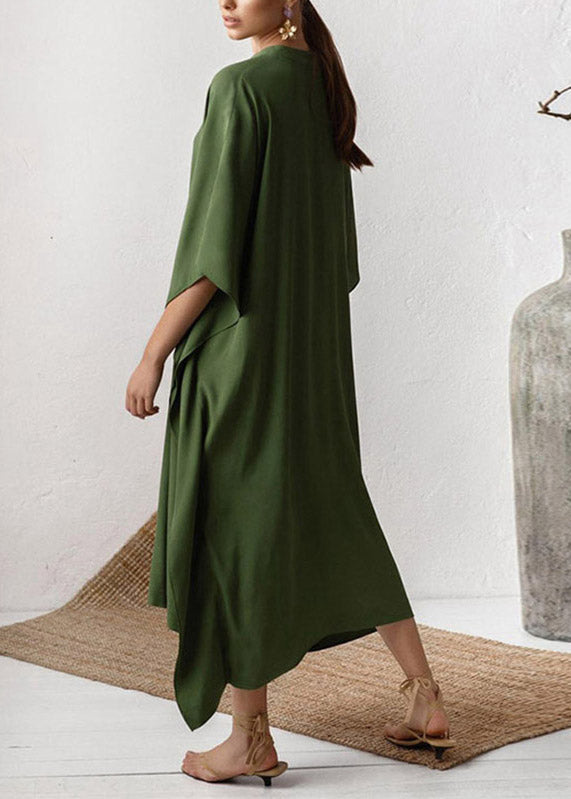 Brief Green V Neck Solid Cozy Kaftan Long Dress Half Sleeve