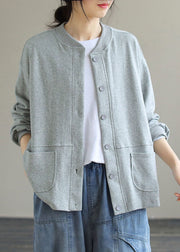 Brief Grey O-Neck Button Solid Cotton Coat Long Sleeve