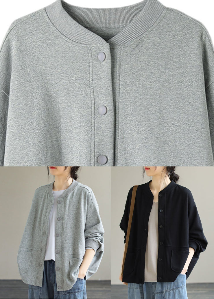 Brief Grey O-Neck Button Solid Cotton Coat Long Sleeve