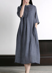 Brief Grey Ruffled Wrinkled Vacation Ramie Maxi Dresses Half Sleeve