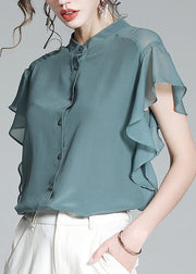 Brief Haze Blue Stand Collar Button Solid Silk Shirt Short Sleeve