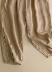 Brief Khaki Embroideried High Waist Solid Linen Harem Pants Summer