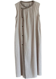 Brief Khaki O-Neck Button Linen Long Dress Sleeveless