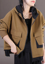 Brief Khaki Zippered Patchwork Drawstring Hooded Coats Fall