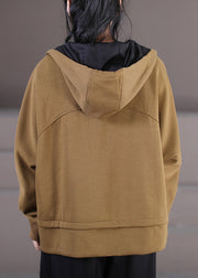 Brief Khaki Zippered Patchwork Drawstring Hooded Coats Fall