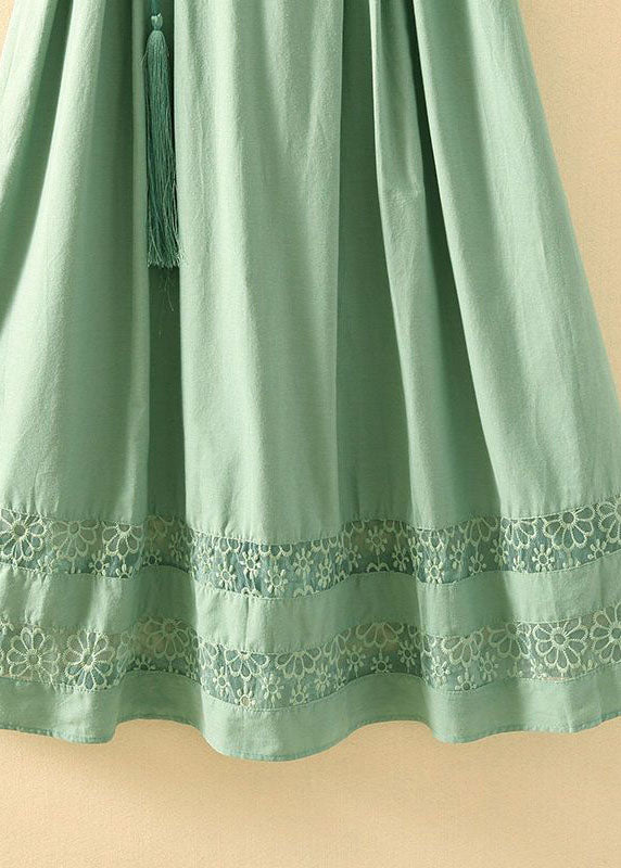 Brief Light Green Tasseled Hollow Out Patchwork Cotton Skirt Summer