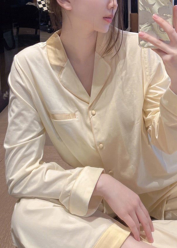 Brief Light Yellow Peter Pan Collar Patchwork Button Solid Ice Silk Pajamas Two Pieces Set Long Sleeve