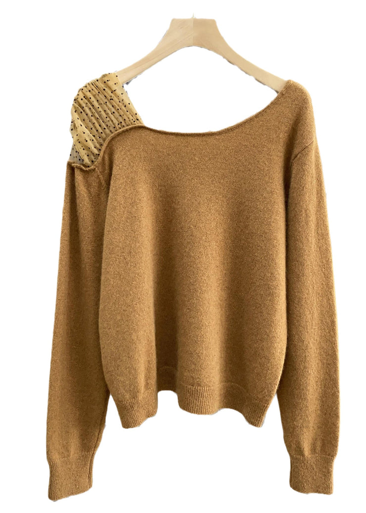 Brief Milk Tea Colour Slash Neck Dot Patchwork Cashmere Sweater Long Sleeve