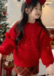 Brief Mulberry O-Neck Patchwork Fuzzy Ball Decorated Cotton Knit Kids Sweater Tops Winter