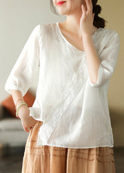 Brief Mulberry V Neck Embroideried Lace Patchwork Solid Linen Top Short Sleeve