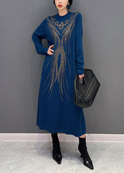 Brief Navy O Neck Zircon Exra Large Hem Knit Long Dress Winter